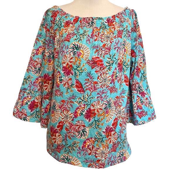 Stella Parker Colorful Tropical Top Womens Medium Turquoise Floral Cotton Blouse - Picture 1 of 7